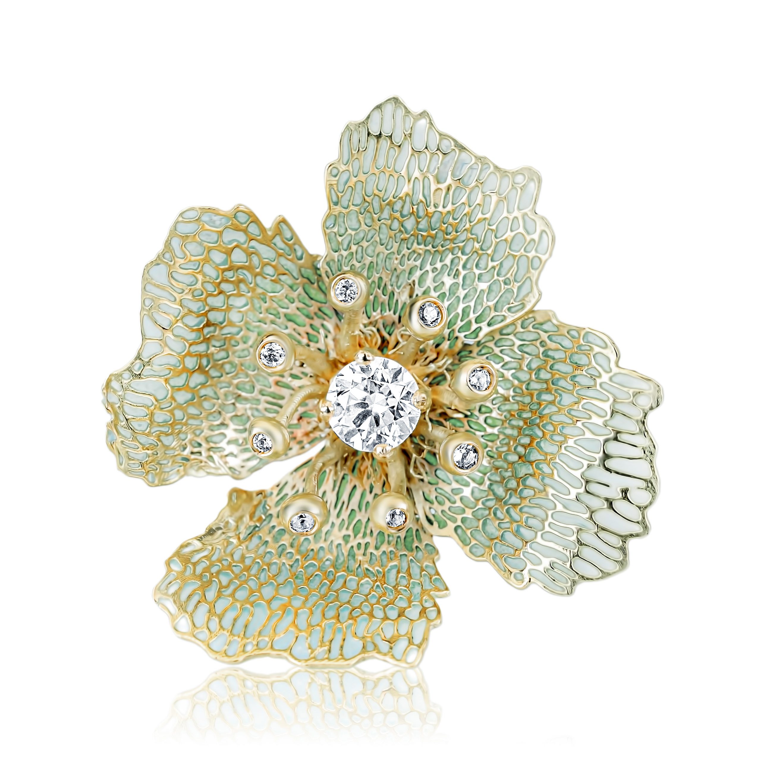 Colgante flor KHOROSHENKOV en oro 18 quilates con esmaltes al fuego y diamantes de 0,67 ct. Diseño lujoso y exclusivo.