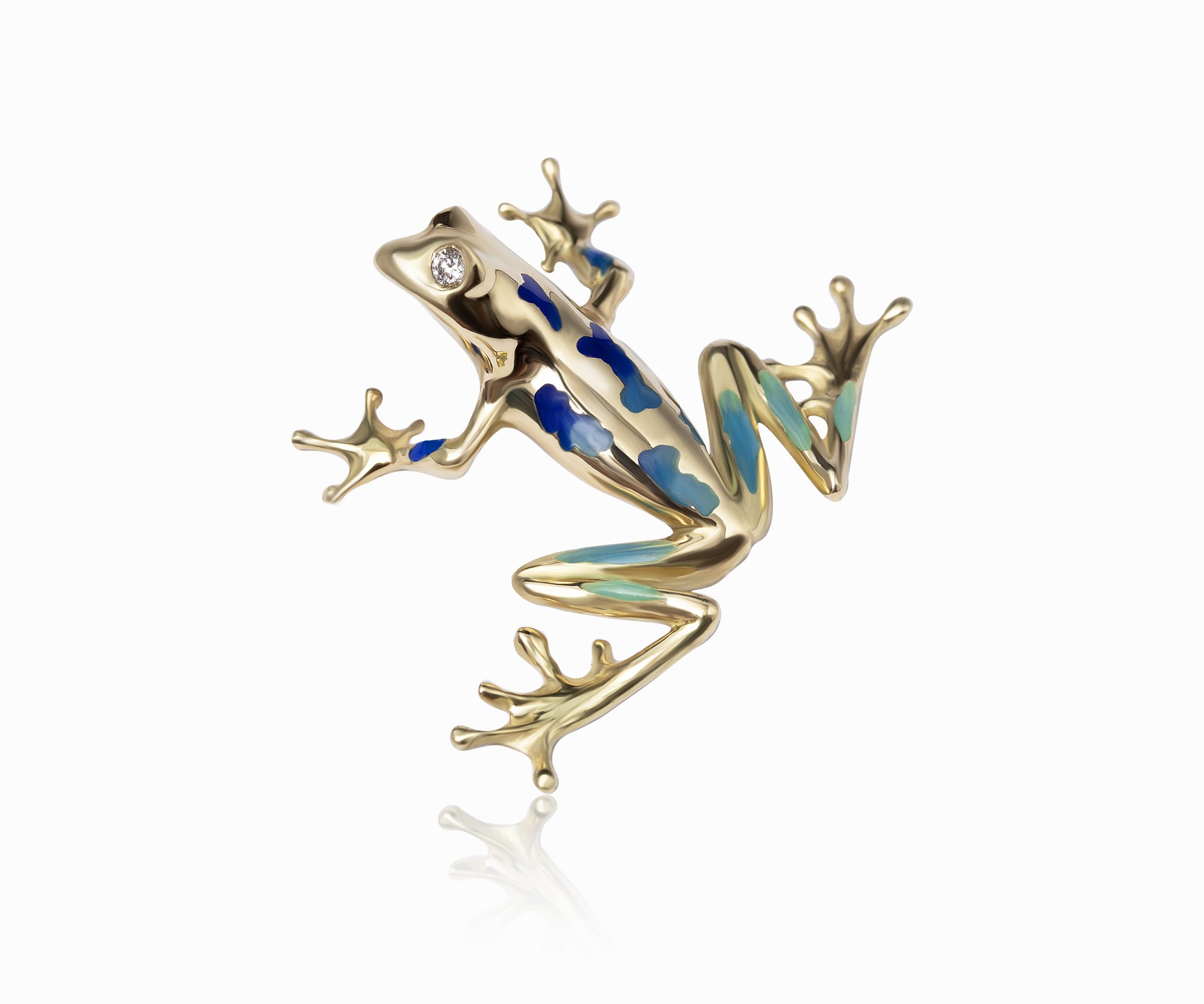 Broche de rana en oro 18K con esmaltes al fuego y diamantes VS1, joya de autor con diseño inspirado en la naturaleza. Broche Rana Oro