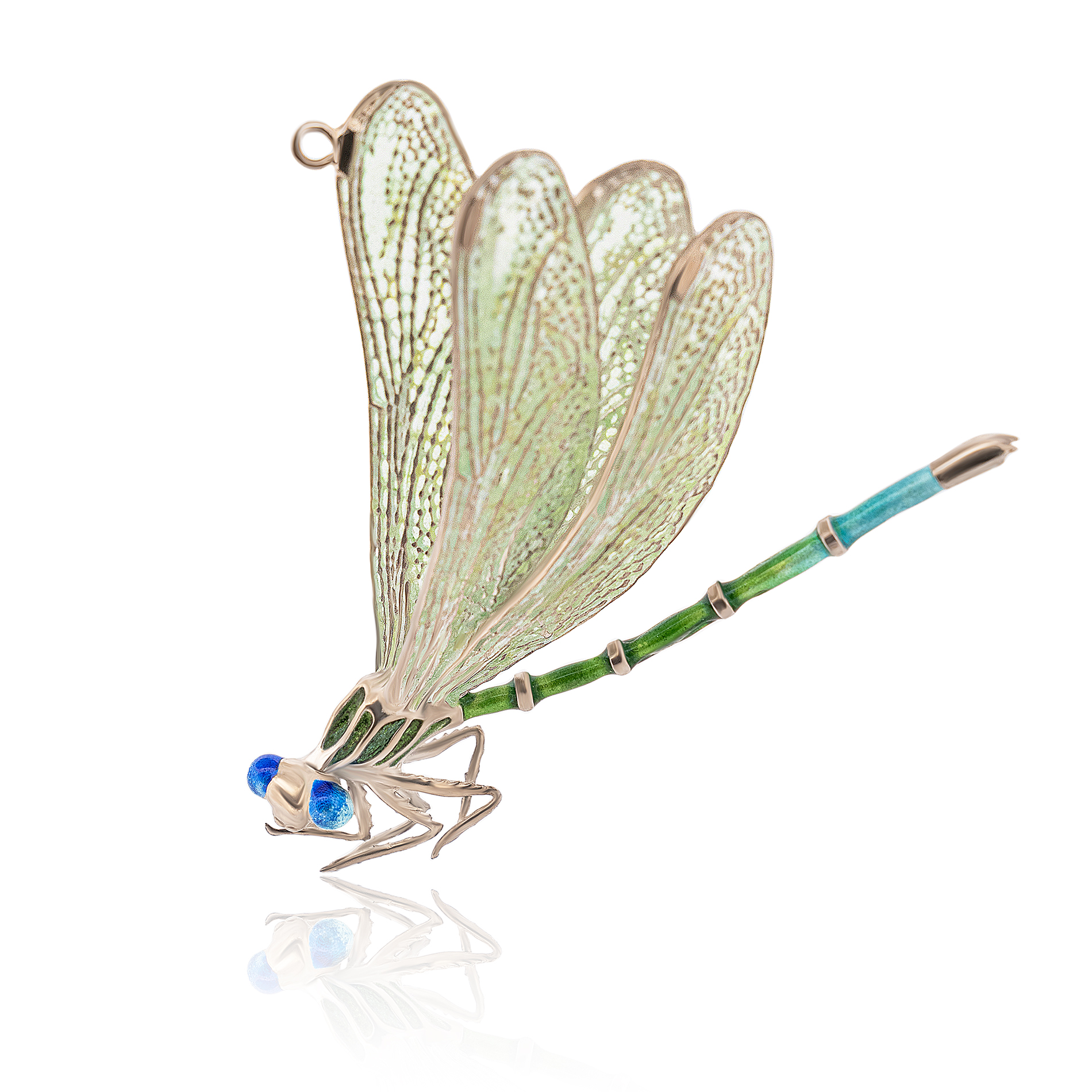 colgante de libélula en plata con rodio y esmalte Plique-à-jour. Colgante libélula
