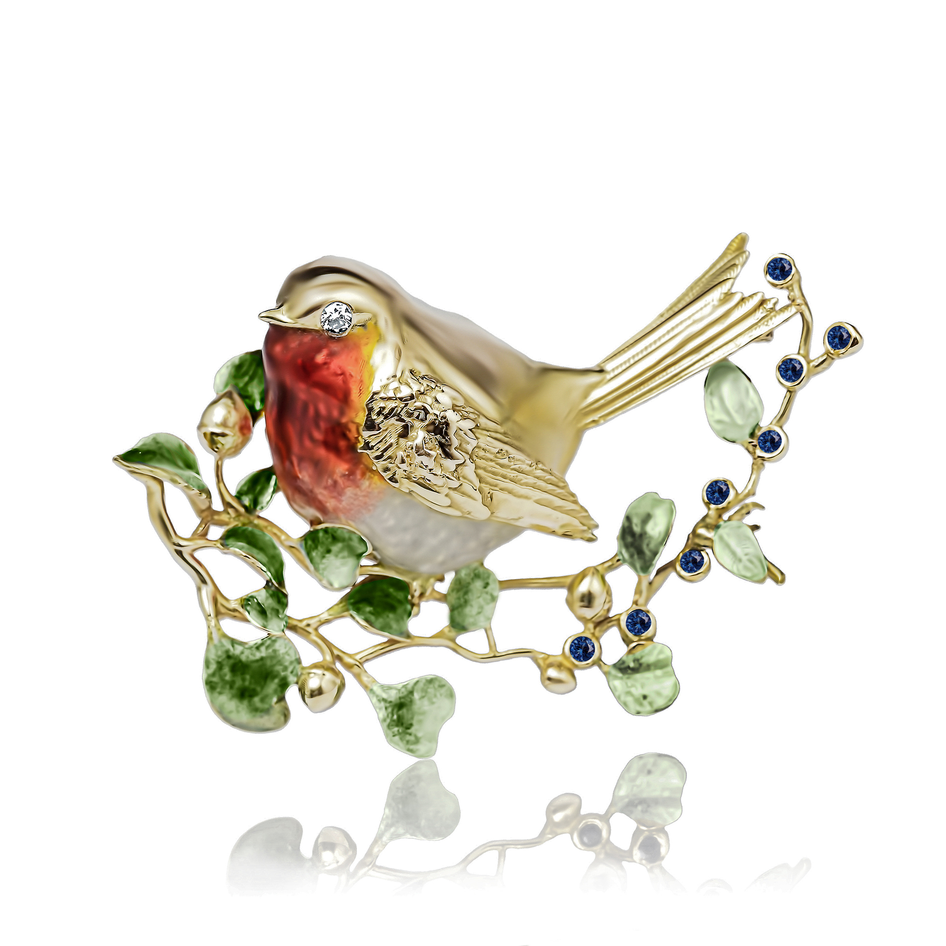 Broche de petirrojo KHOROSHENKOV en oro amarillo de 18K con esmaltes al fuego, dos diamantes VS y ocho zafiros azules. Artesanía exquisita. Broche Petirrojo