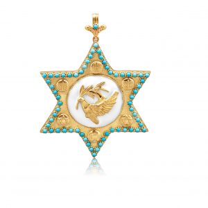 Colgante Estrella de David en oro 18k con turquesas y esmalte al fuego