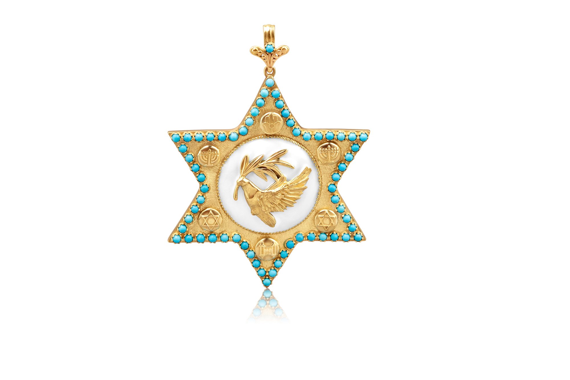 Colgante Estrella de David en oro 18k con turquesas y esmalte al fuego