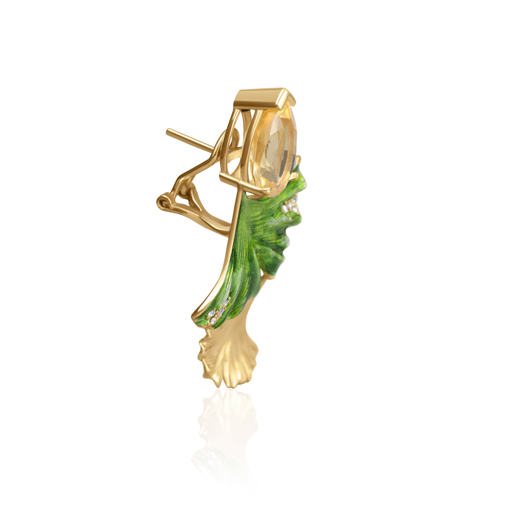 Pendientes ginkgo japoneses con citrinos y esmalte al fuego