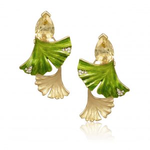 Pendientes ginkgo japoneses con citrinos y esmalte al fuego