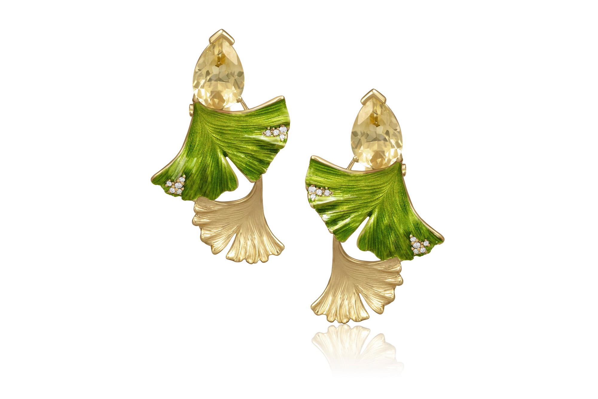 Pendientes ginkgo japoneses con citrinos y esmalte al fuego