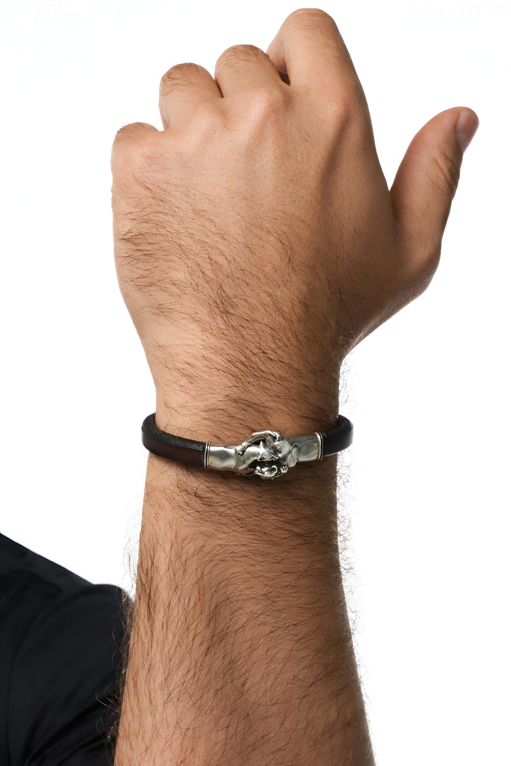 pulsera de cuero con leopardos de plata